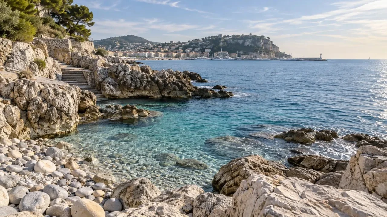 Plage de la Réserve à Nice avec ses rochers, ses galets et la vue sur le Cap de Nice