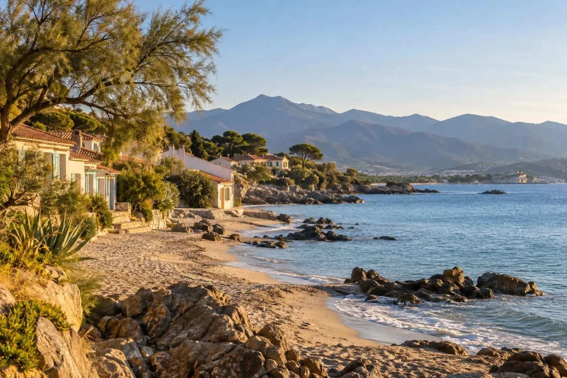 Plage du Racou à Argelès-sur-Mer avec ses maisonnettes sur le sable et les Pyrénées