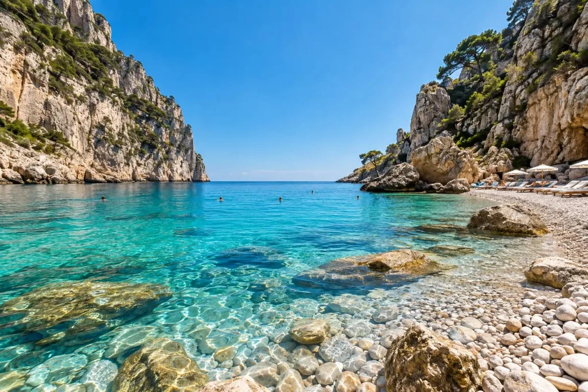 Plage de la Mala à Cap-d’Ail entre les falaises et la mer Méditerranée