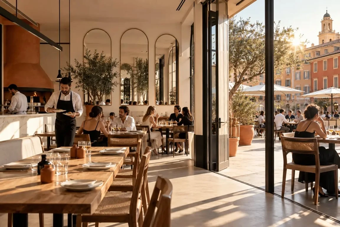 SC restaurants Nice : ambiance d’un restaurant italien avec miroirs et terrasse