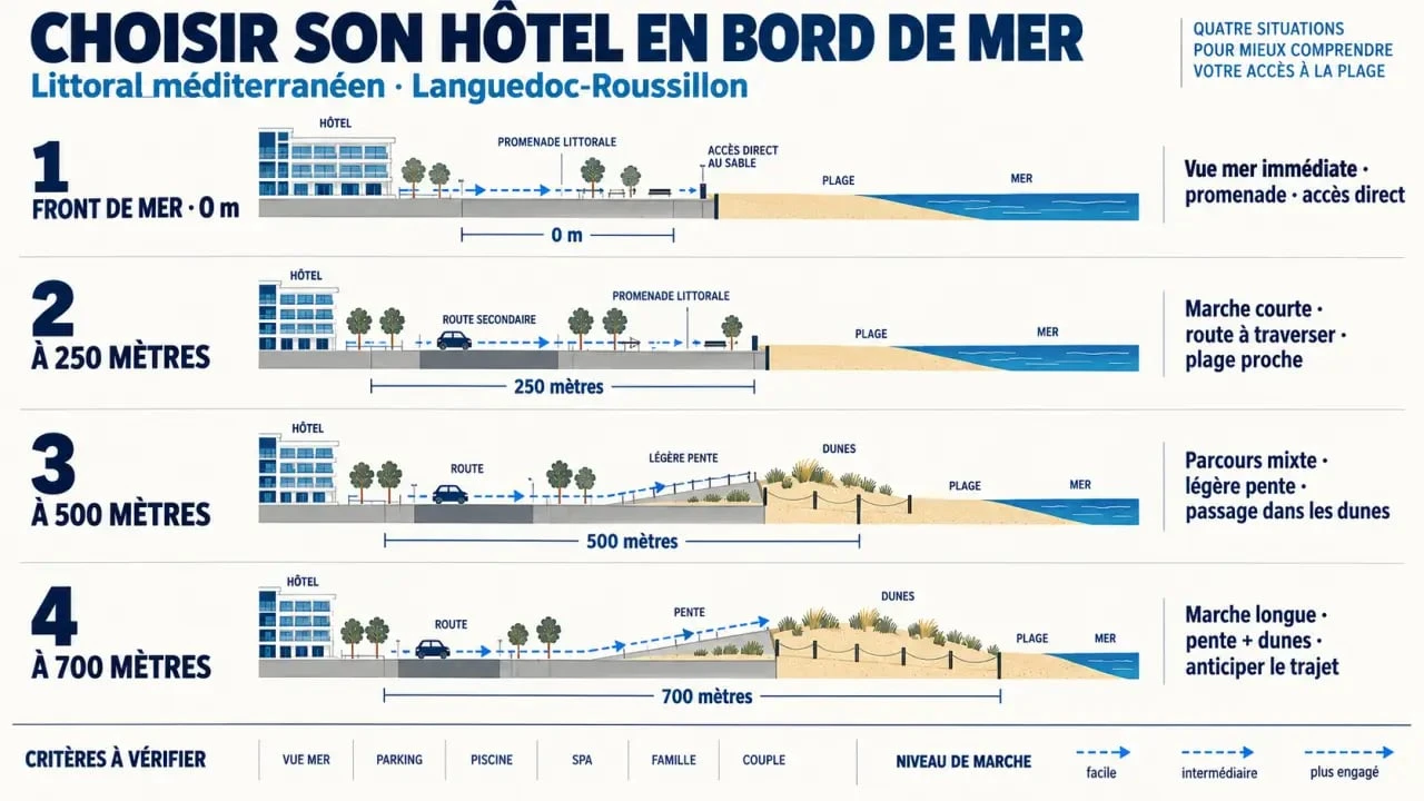 Infographie pour choisir un hôtel bord de mer méditerranée Languedoc-Roussillon selon la distance à la plage