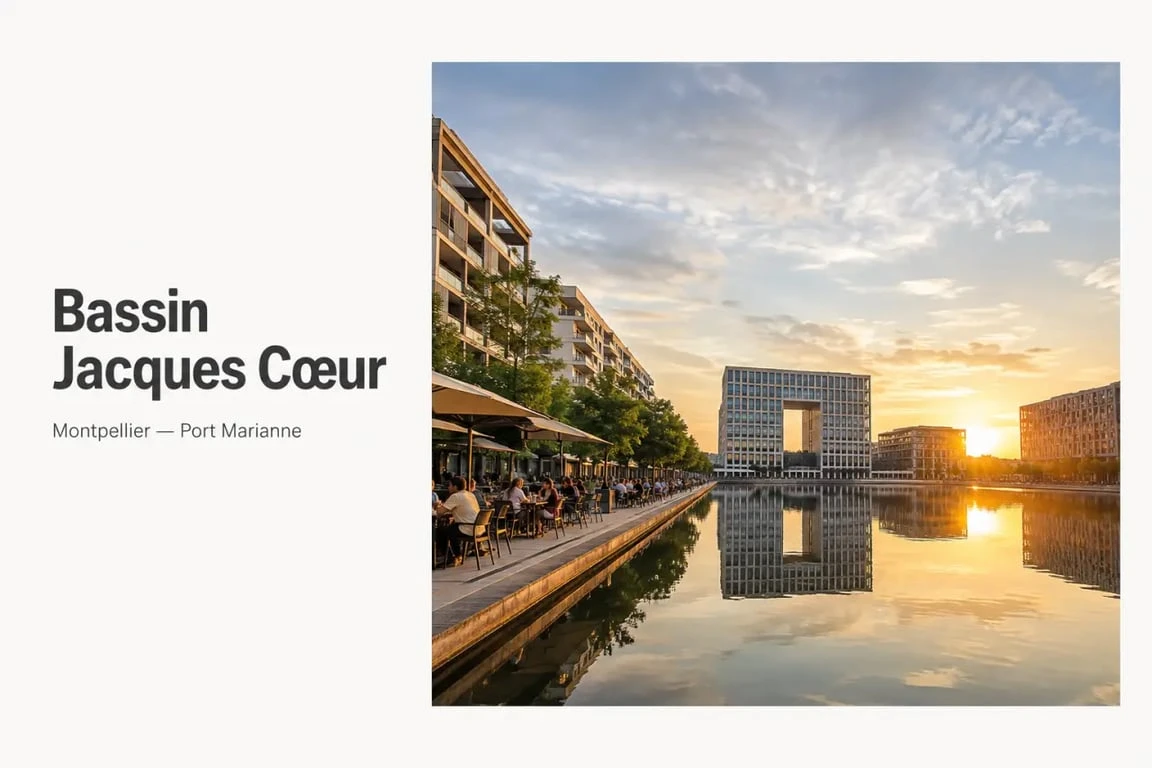 Restaurants bassin jacques coeur montpellier au bord de l’eau à Port Marianne au coucher du soleil