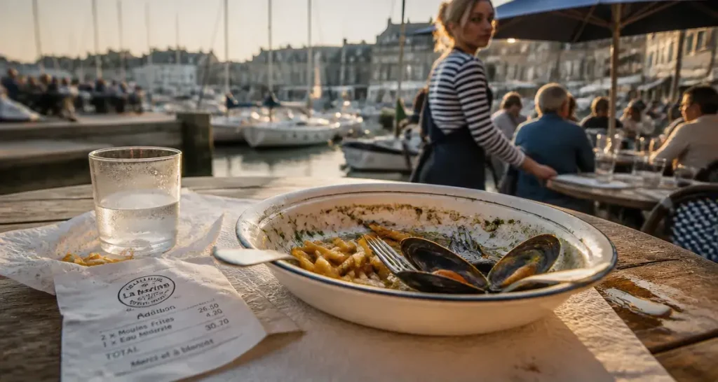 La marine restaurant cap d agde avis : assiette de moules frites, verre d’eau et ticket « La Marine »