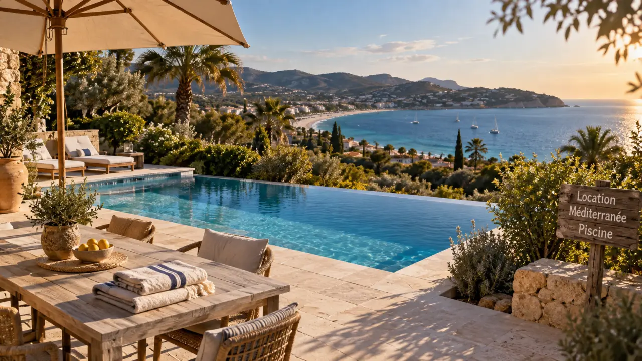 Location vacances bord de mer Méditerranée avec piscine : plage et bassin privés visibles