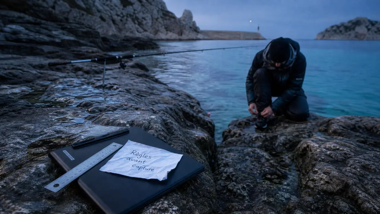 Peche en bord de mer mediterranee : pêcheur près des rochers, règles à respecter