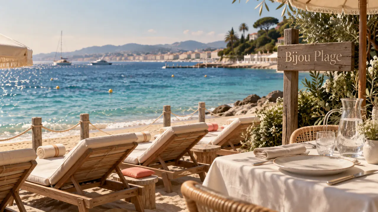 Plage bijou à Cannes, transats sur sable face à la baie de Palm Beach