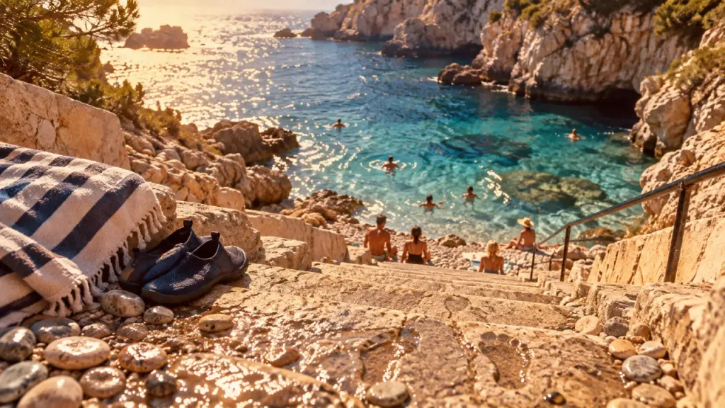 Plage de la mala : escaliers vers la crique et galets mouillés