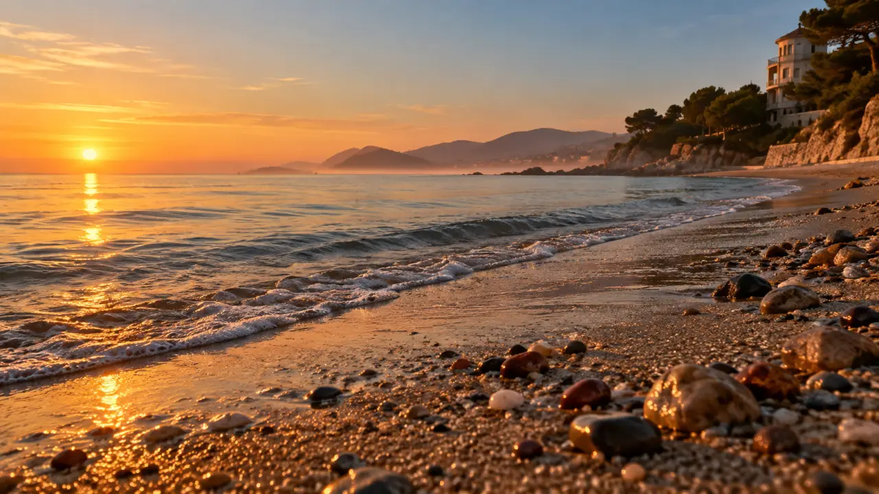 Plage des ondes au Cap d’Antibes, coucher de soleil sur la mer