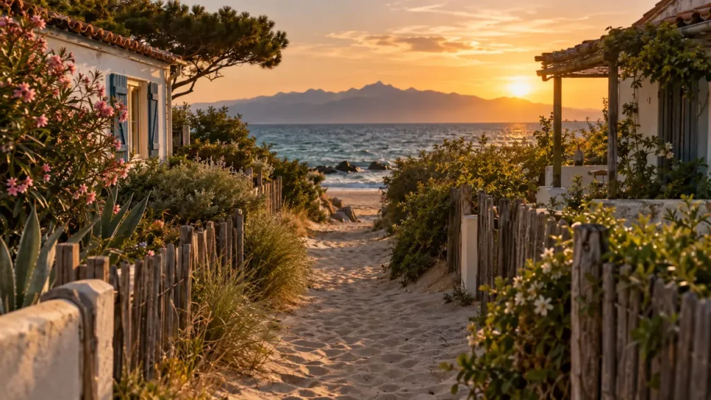 Plage du Racou à Argelès-sur-Mer, mer Méditerranée et Pyrénées au coucher du soleil