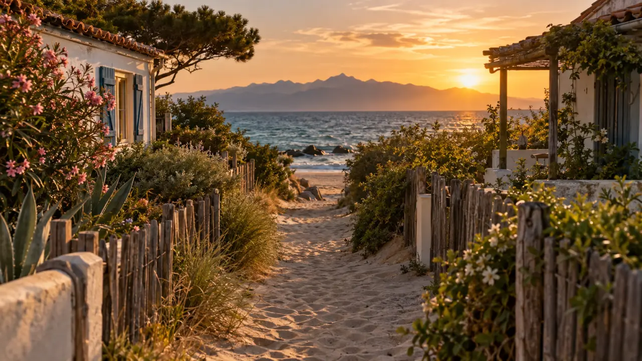 Plage du Racou à Argelès-sur-Mer, mer Méditerranée et Pyrénées au coucher du soleil