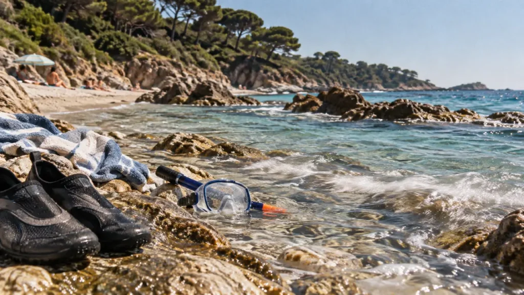 Ramatuelle plage de l'Escalet : chaussures et masque snorkeling sur la plage