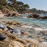 Ramatuelle plage de l'Escalet : chaussures et masque snorkeling sur la plage