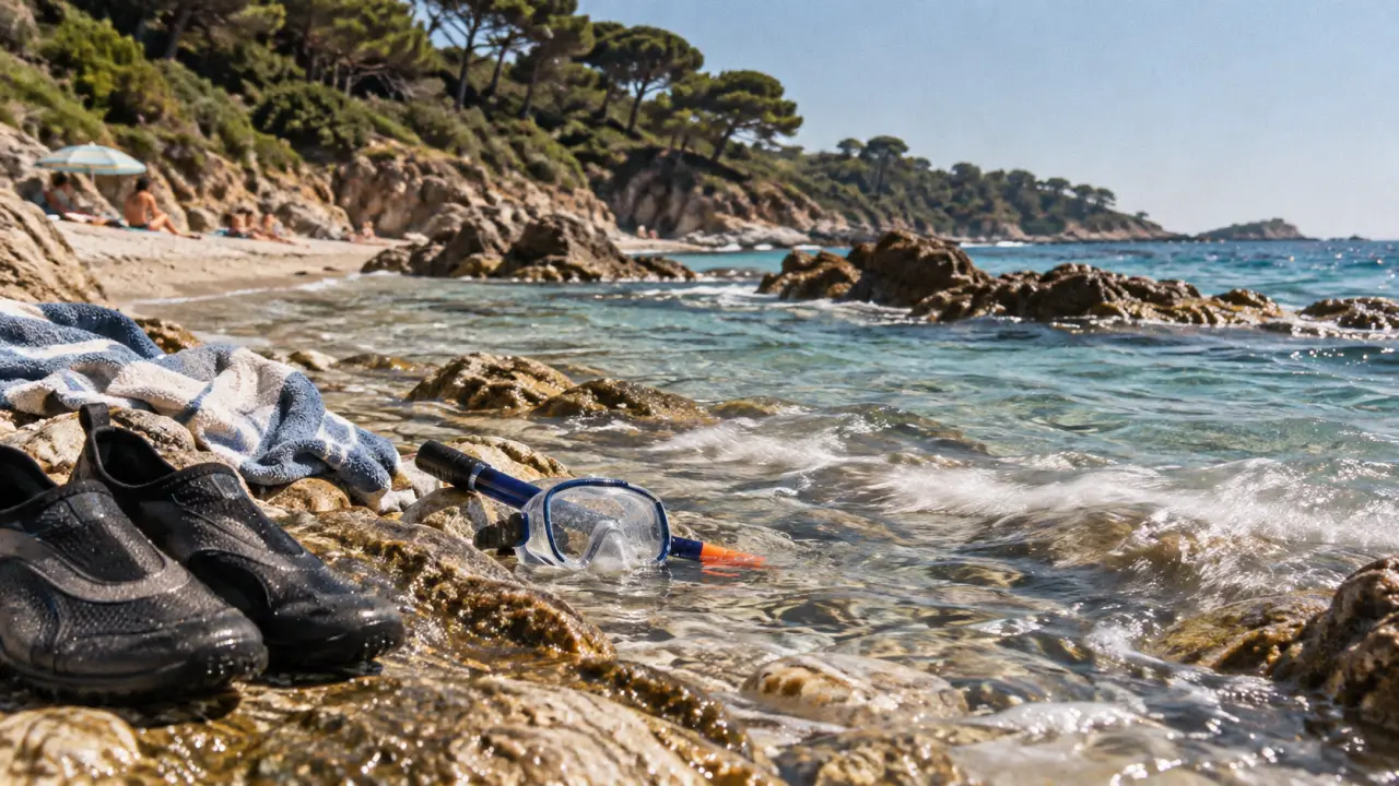 Ramatuelle plage de l'Escalet : chaussures et masque snorkeling sur la plage