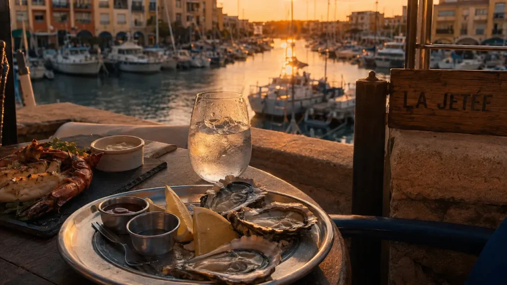 Restaurant la jetée agde : fruits de mer et vue sur le port au coucher du soleil