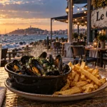 Moules-frites au restaurant le corail agde, terrasse Rochelongue