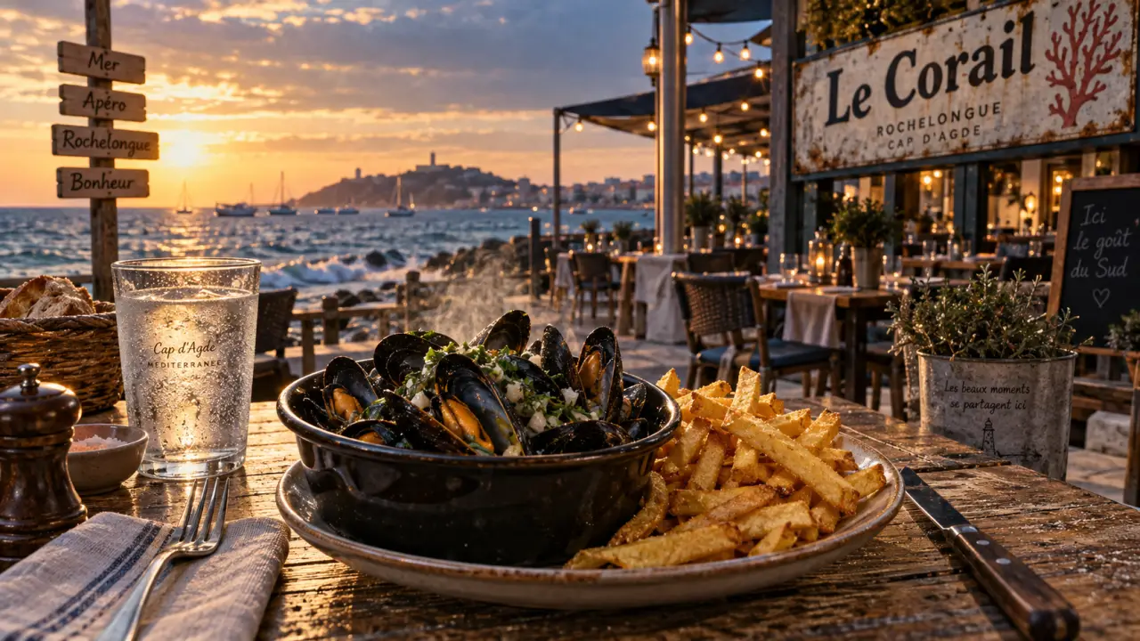 Moules-frites au restaurant le corail agde, terrasse Rochelongue