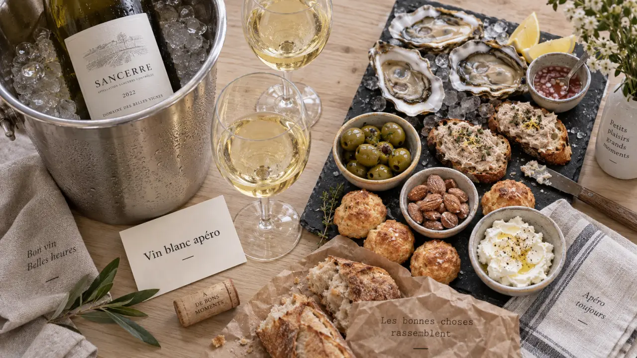 Vin blanc apero sec : bouteille et verres à l’apéritif