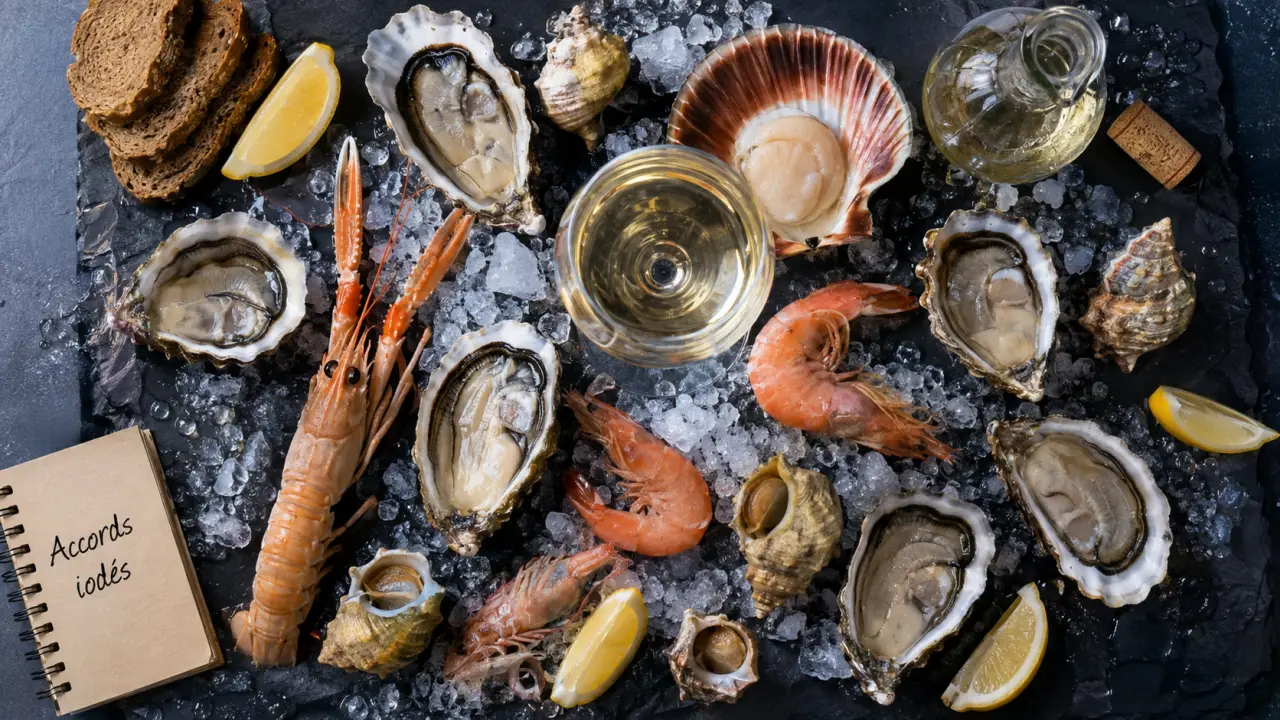 vin blanc fruit de mer : huîtres crevettes Saint-Jacques sur ardoise