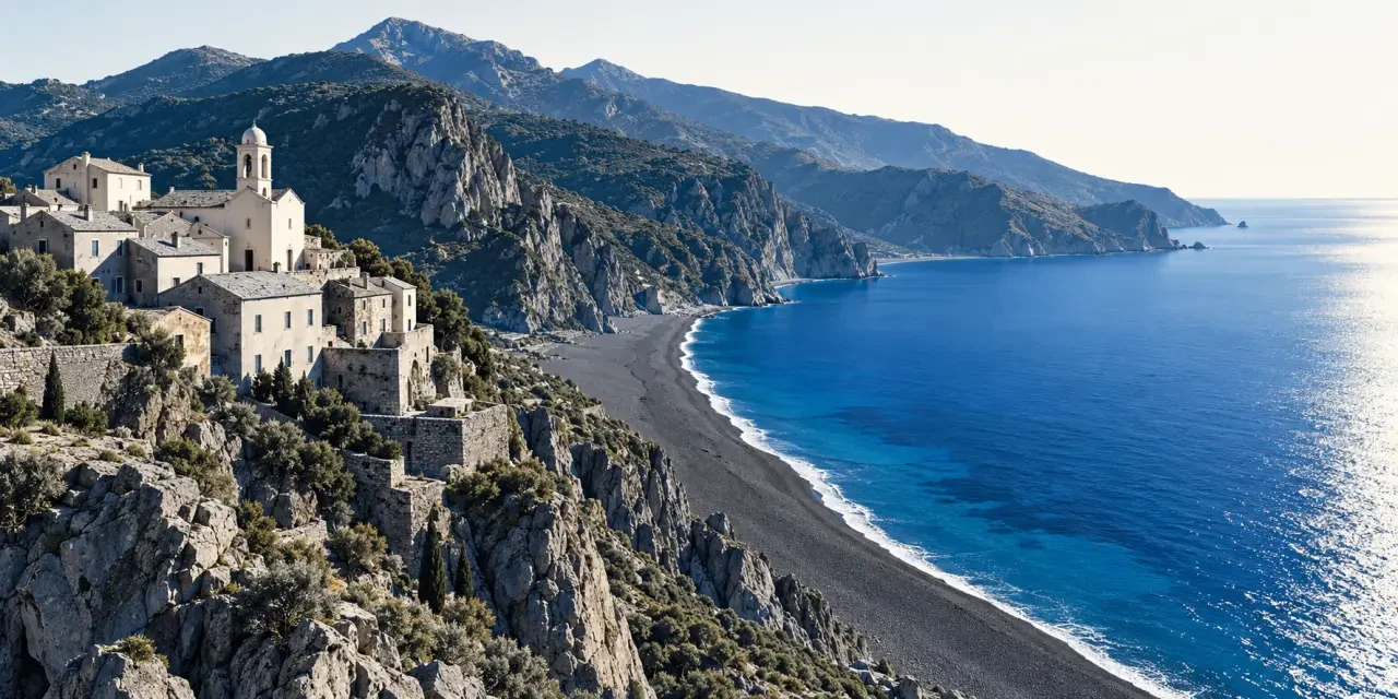 Plage de Nonza noire vue depuis le village perché en Corse