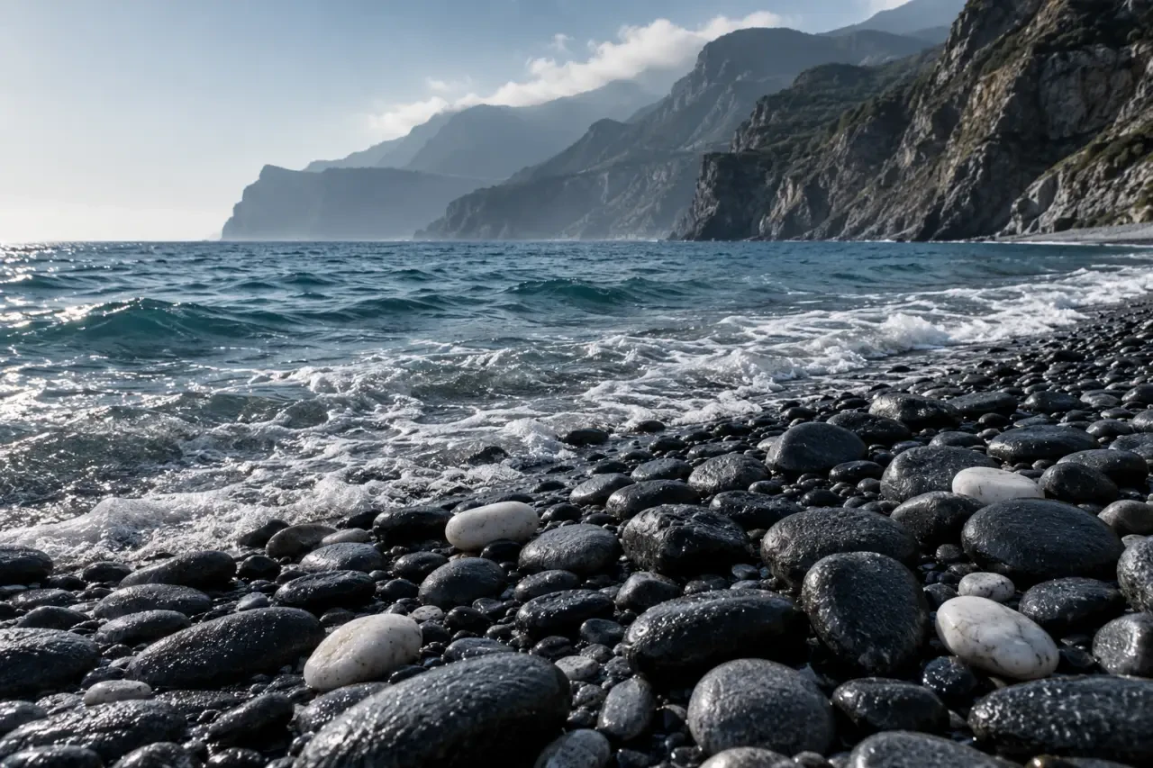 Galets noirs et blancs sur la plage de Nonza en Corse