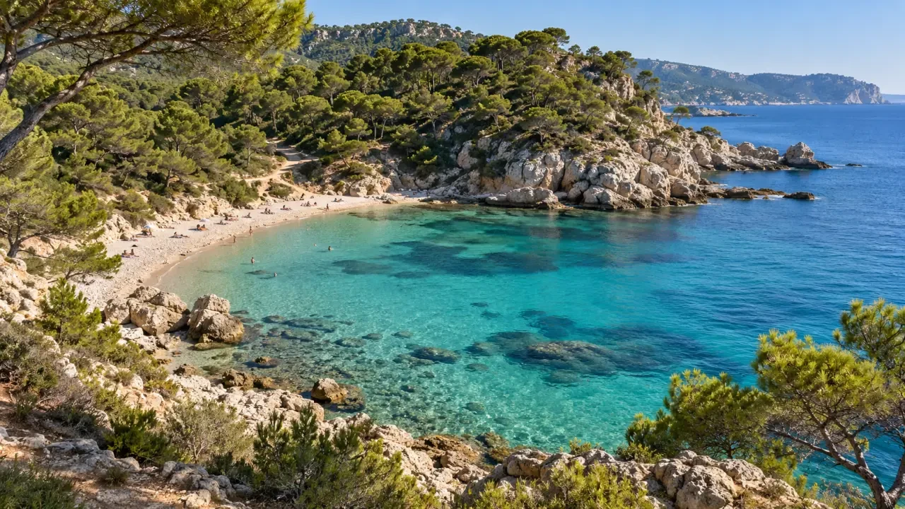 Plage Port d’Alon à Saint-Cyr-sur-Mer, anse naturelle bordée de pins et de rochers