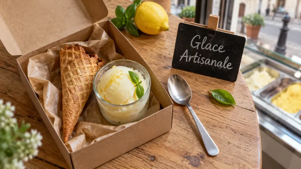 Glace aix en provence artisanale citron en cornet, sorbet et vitrine