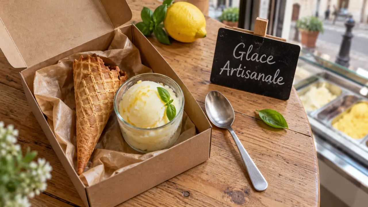 Glace aix en provence artisanale citron en cornet, sorbet et vitrine