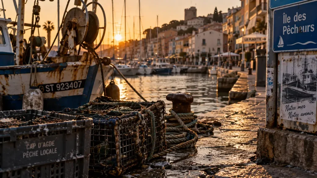Île des Pêcheurs cap d'agde, port et ruelles au quai près de la plage