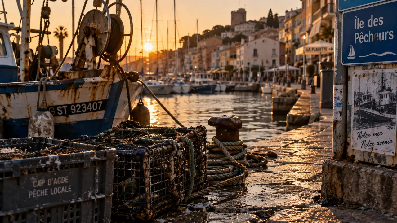 Île des Pêcheurs cap d'agde, port et ruelles au quai près de la plage