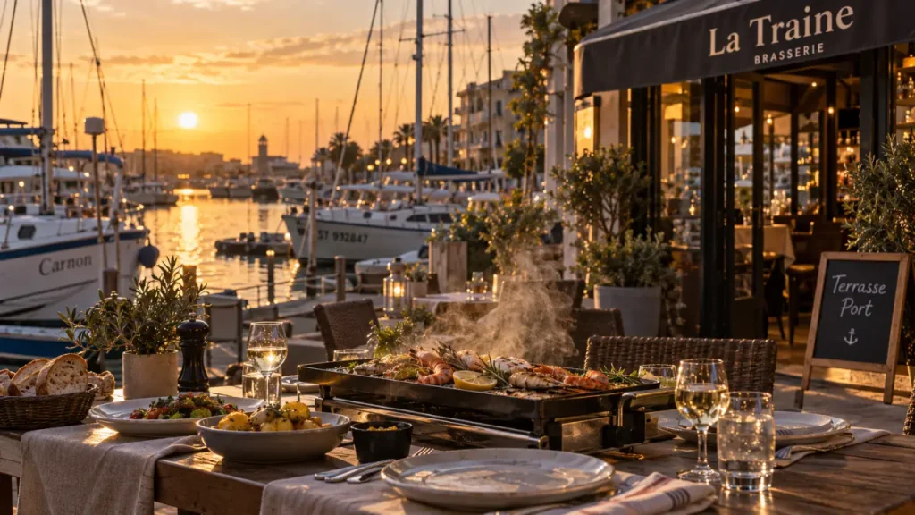 La Traine Carnon, terrasse sur le port de Carnon, golden hour