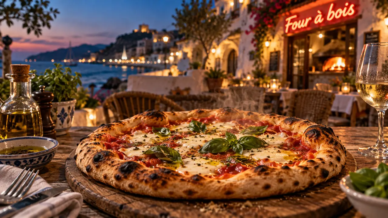 Pizzeria Cannes sur terrasse front de mer, pizza au four à bois