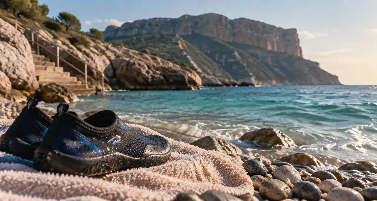 Plage de l’arène à Cassis, galets et eau turquoise, sans sable, Cap Canaille au loin