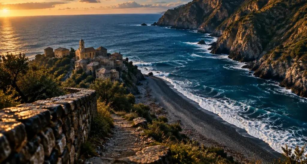 Plage de Nonza : galets noirs et sentier depuis la route