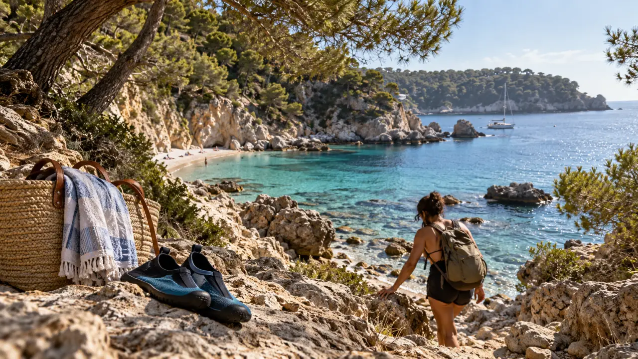Plage Port d’Alon : marche vers la calanque, eau claire et pins