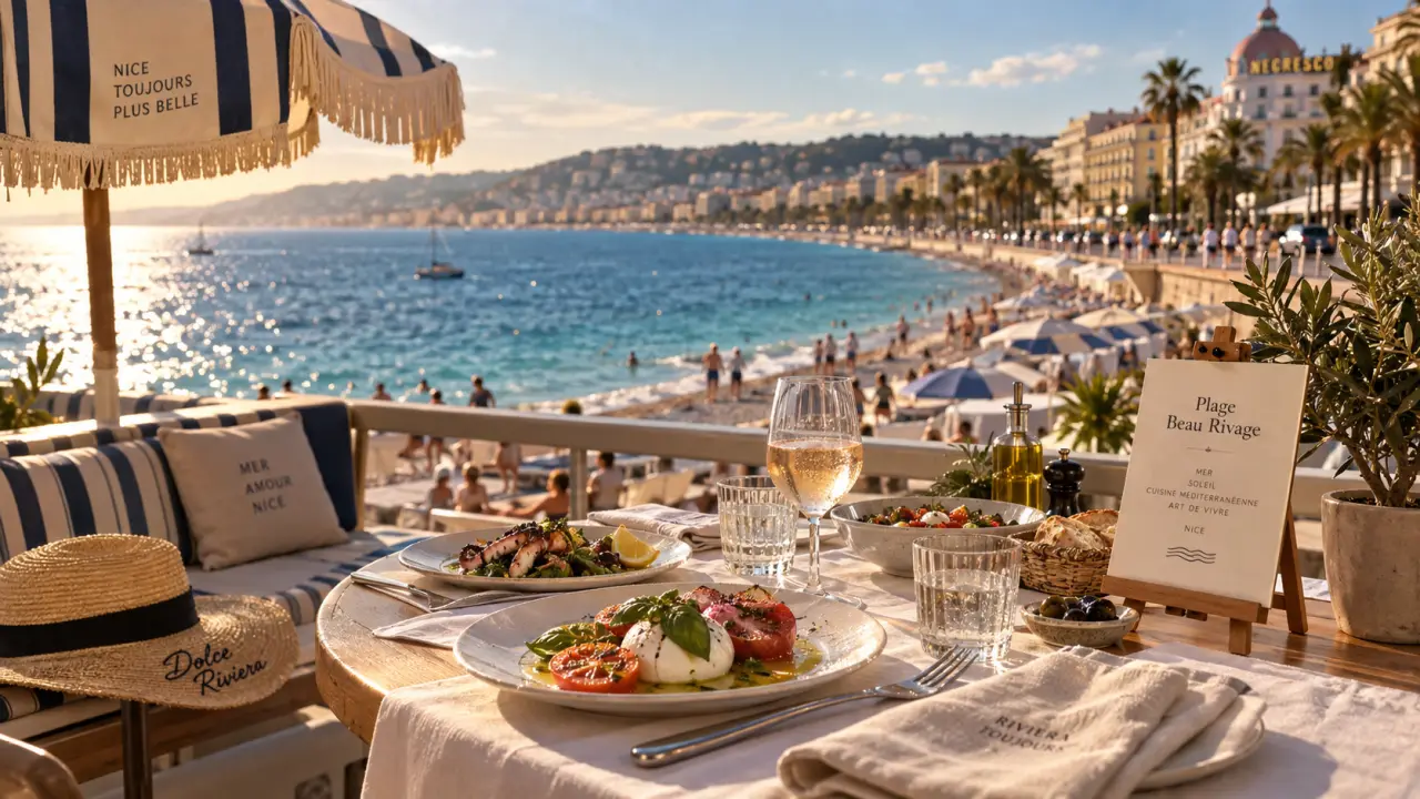 Restaurant plage Beau Rivage à Nice : table en terrasse avec vue mer